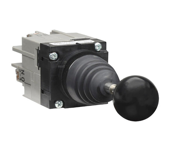 Four position toggle joystick switch with spring return.